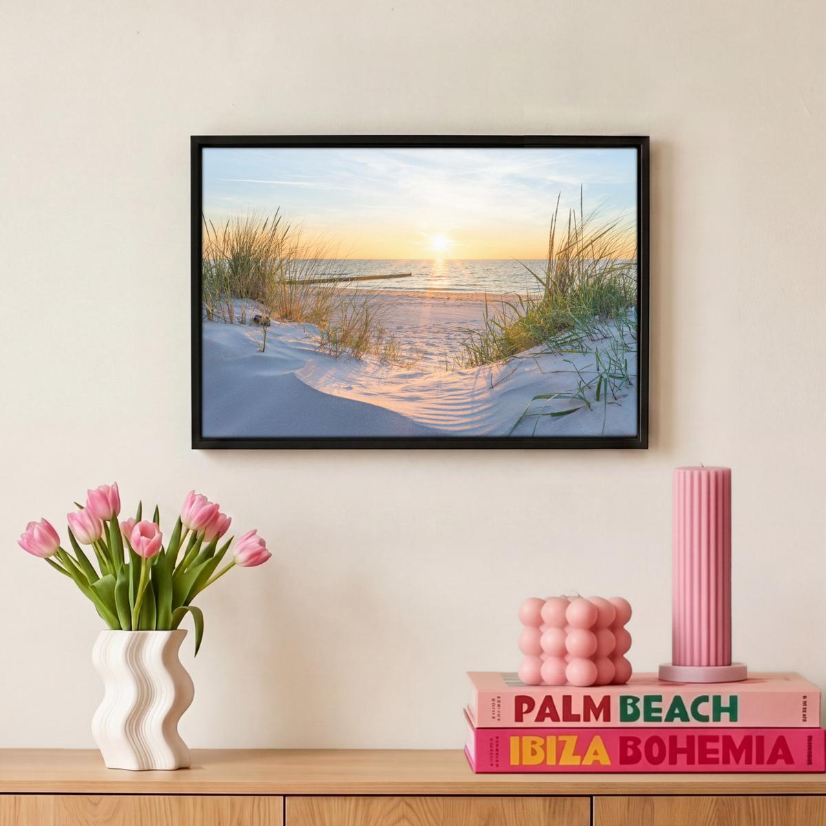 LEINWAND Bilder mit Rahmen - Strand - Sonne - Düne - Gras - Sand - Horizont - 30x20 - Hellblau, Textil (30/20cm) - MuchoWow