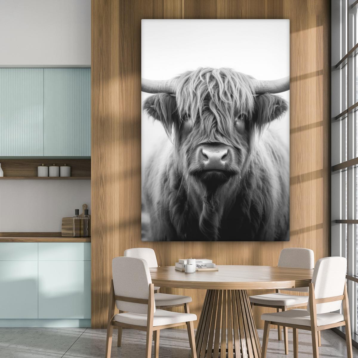 LEINWANDBILD Schottischer Highlander - Nebel - Schwarz - Weiß Deko Groß 90x140 cm - Grau, Textil (90/140cm) - MuchoWow