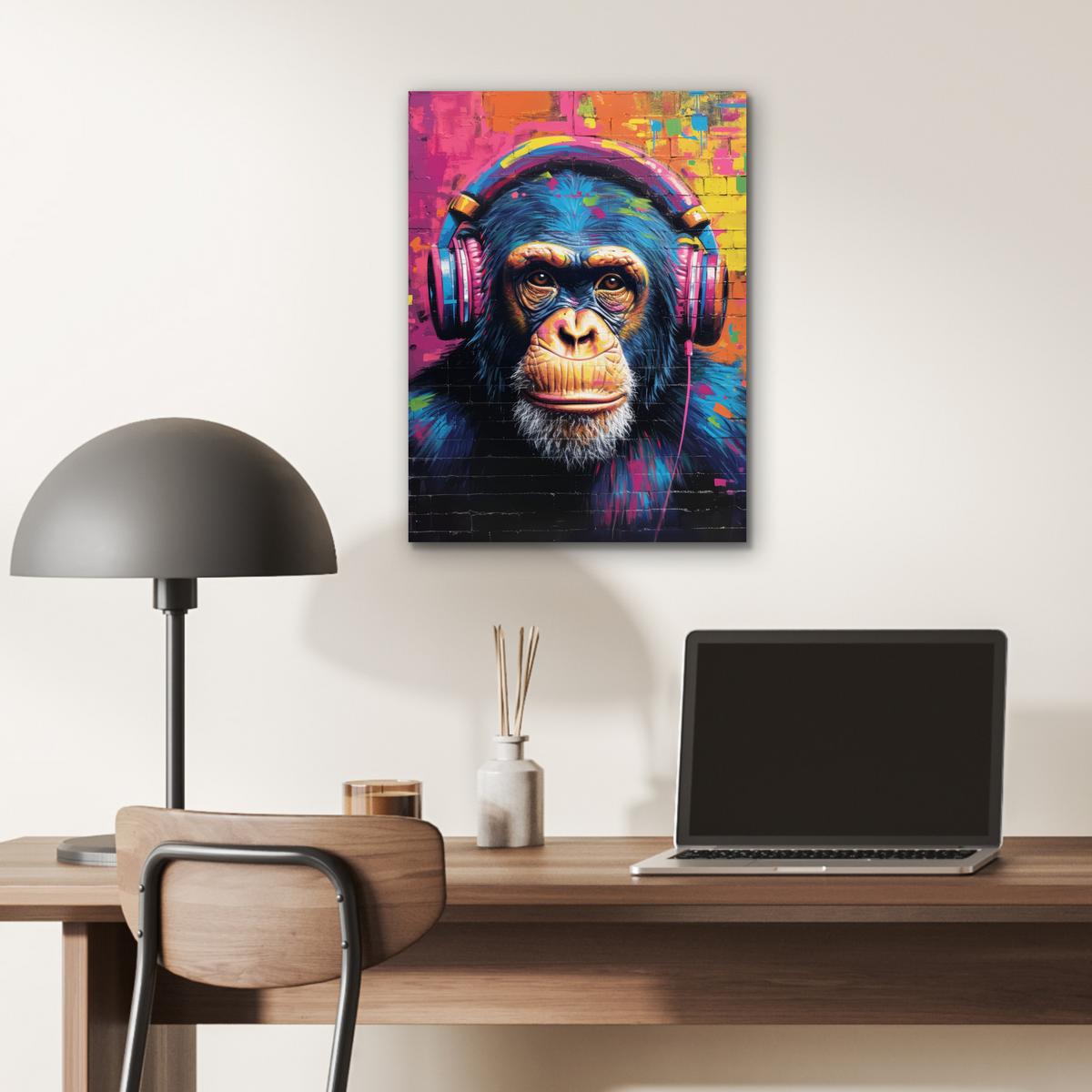 METALLBILD Graffiti - Schimpanse - Straßenkunst - Kopfhörer - Affe 30x40 cm - Blau, Metall (30/40cm) - MuchoWow
