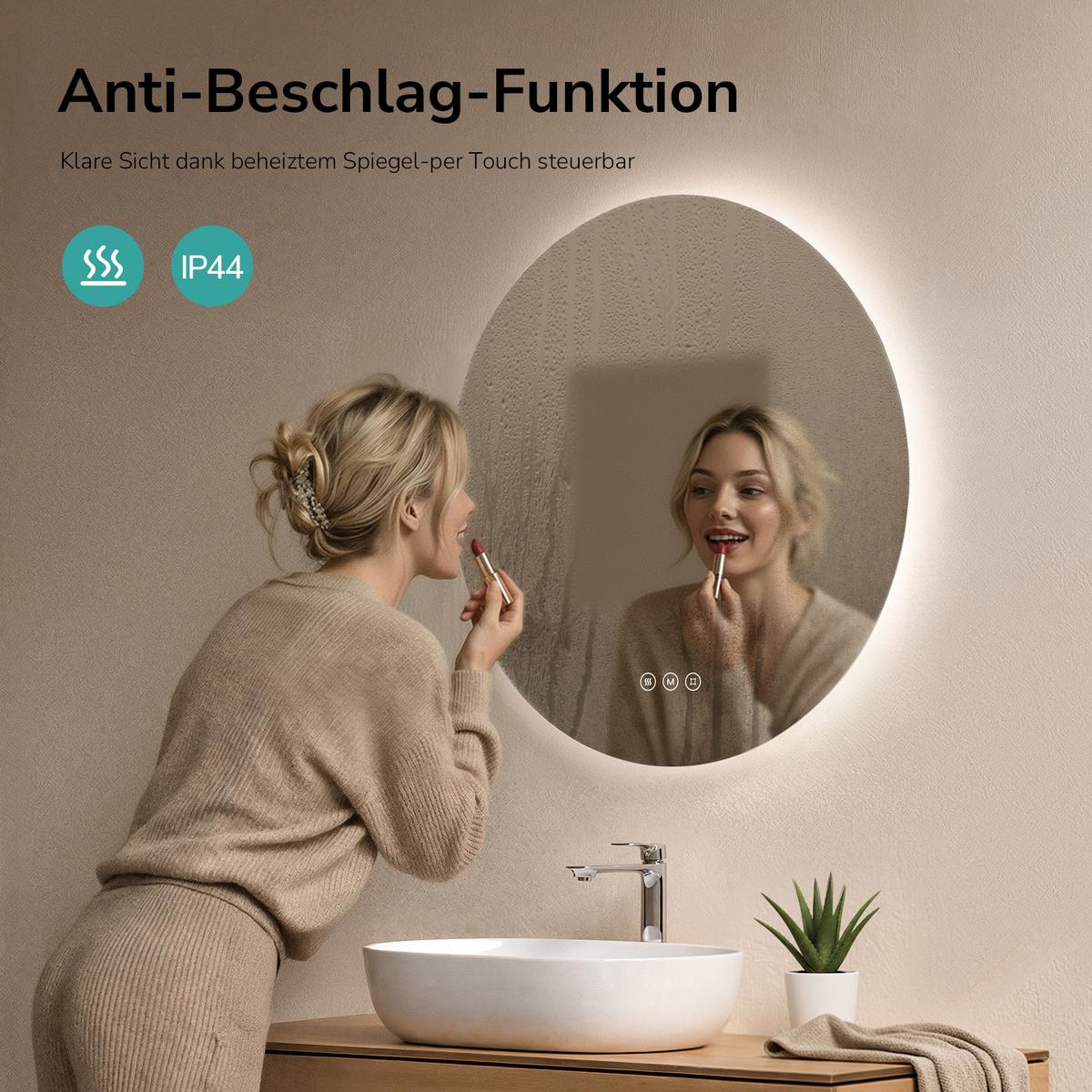 BADSPIEGEL Rund mit Beleuchtung Rahmenlos, 3 Lichtfarben, beschlagfrei, Ø 80 cm - Transparent, Glas (80/80/3cm) - EMKE