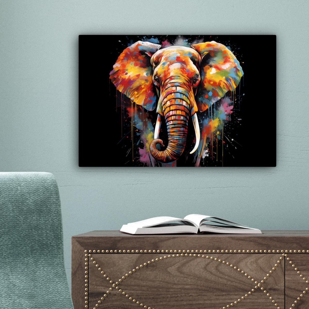 LEINWANDBILD Elefant - Graffiti - Schwarz - Tiere - Farben Deko Schlafzimmer 30x20 cm - Schwarz, Textil (30/20cm) - MuchoWow