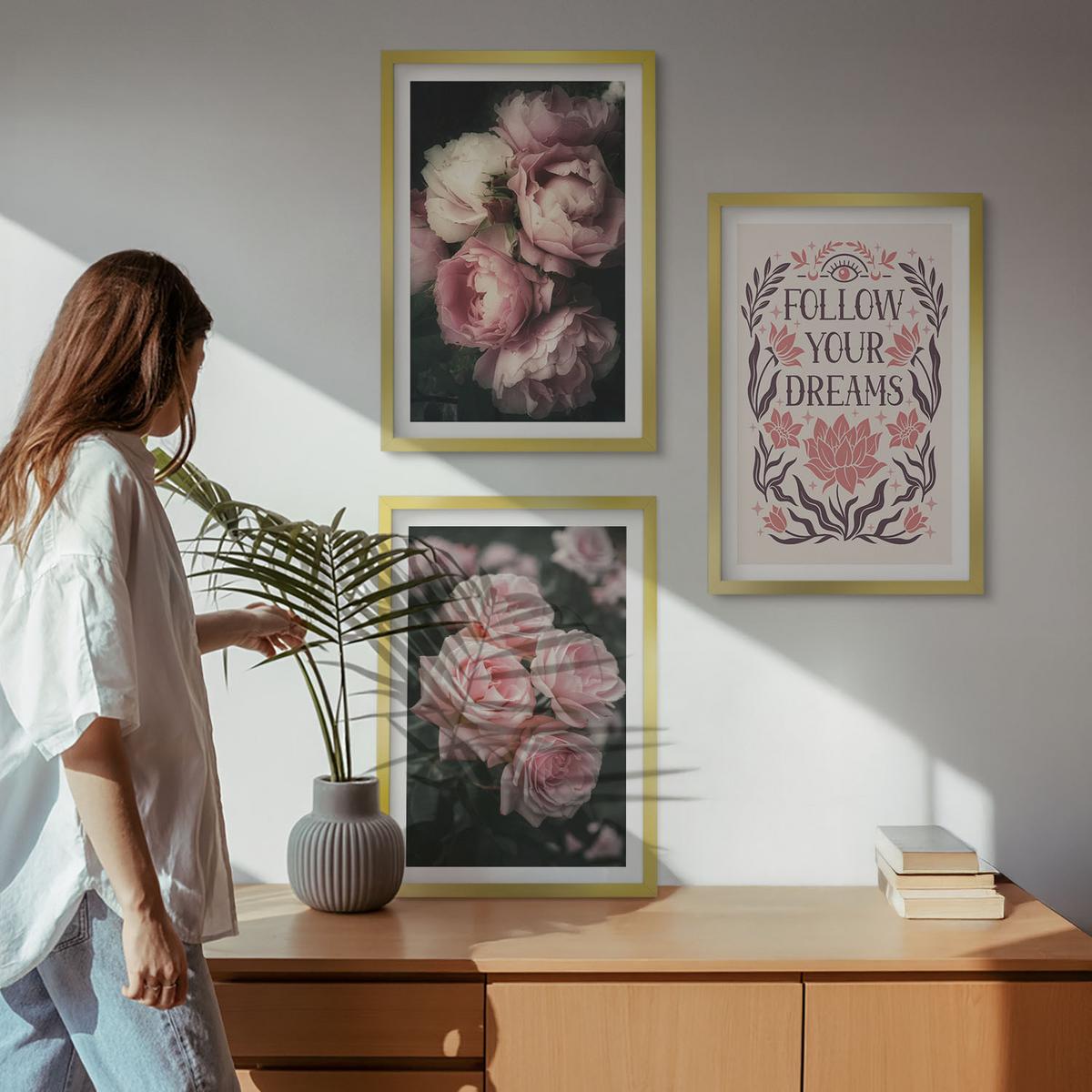 BILDER SET 3er Set - 40x60 cm Goldrahmen - Vintage-Rosenträume-Inschrift - Goldfarben, Kunststoff (40/60cm) - TULUP