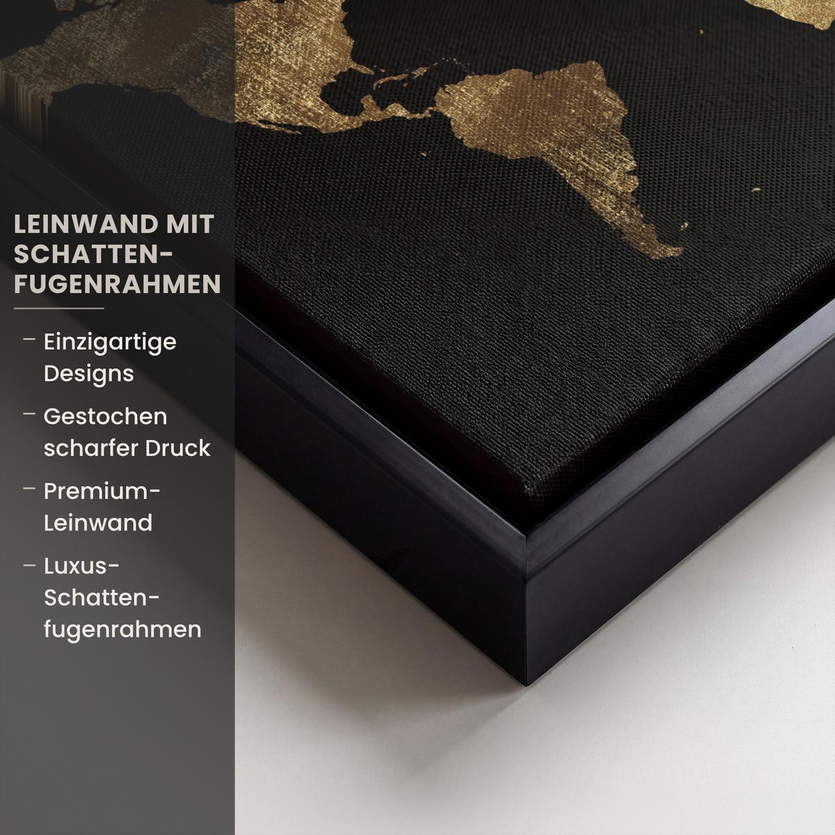 LEINWAND Bilder mit Rahmen - Weltkarte - Gold - Luxus - Erde - Schwarz - 20x20 - Goldfarben, Textil (20/20cm) - MuchoWow