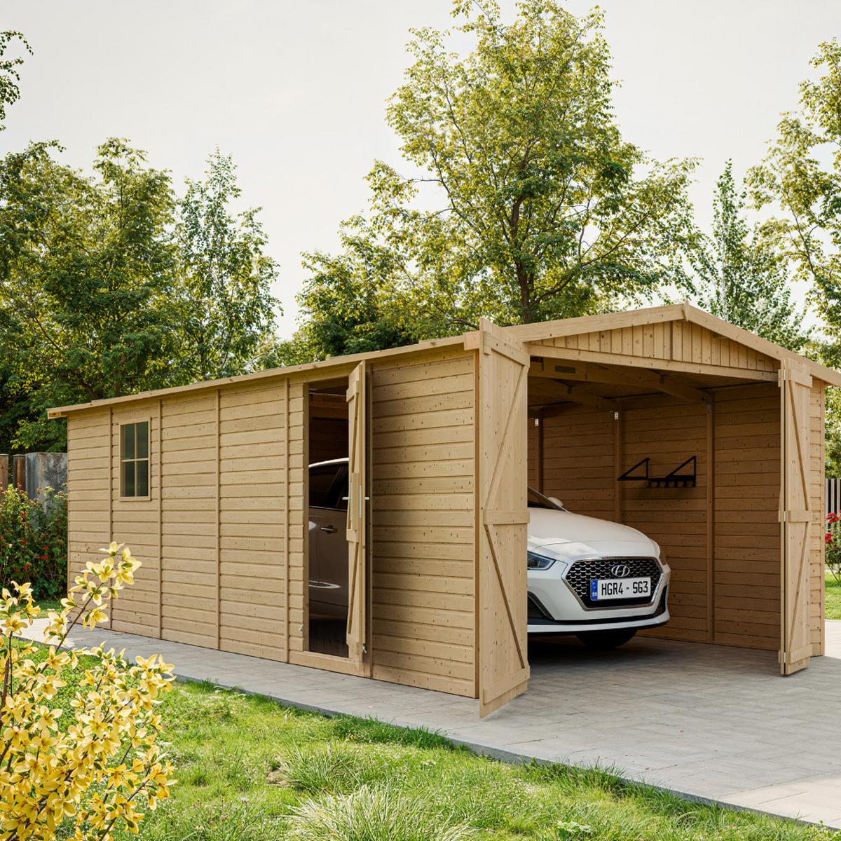 HOLZGARAGE Abstellraum mit Fenstern- H222x616x324 cm /18 m2 - M102 - Naturfarben, Holz (303/183/591cm) - Timbela