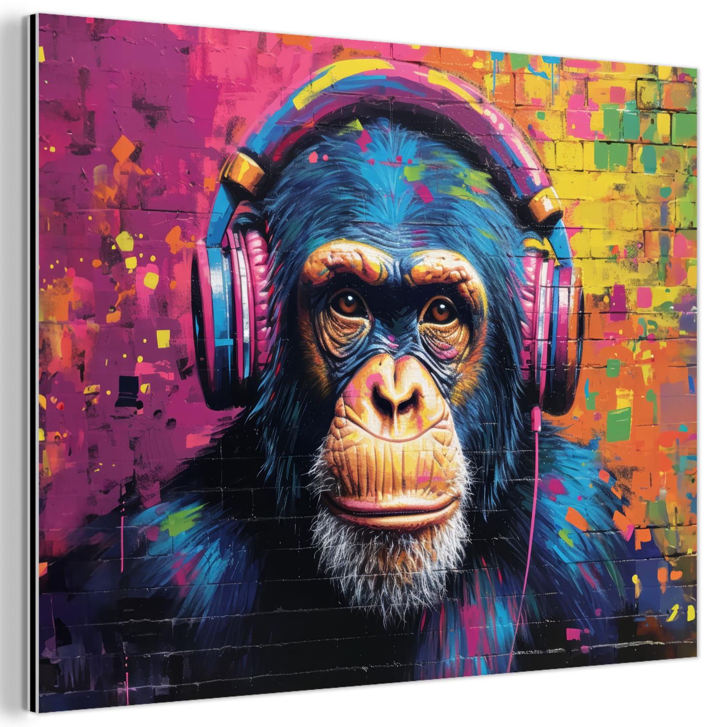METALLBILD Graffiti - Schimpanse - Straßenkunst - Kopfhörer - Affe 80x60 cm - Blau, Metall (80/60cm) - MuchoWow