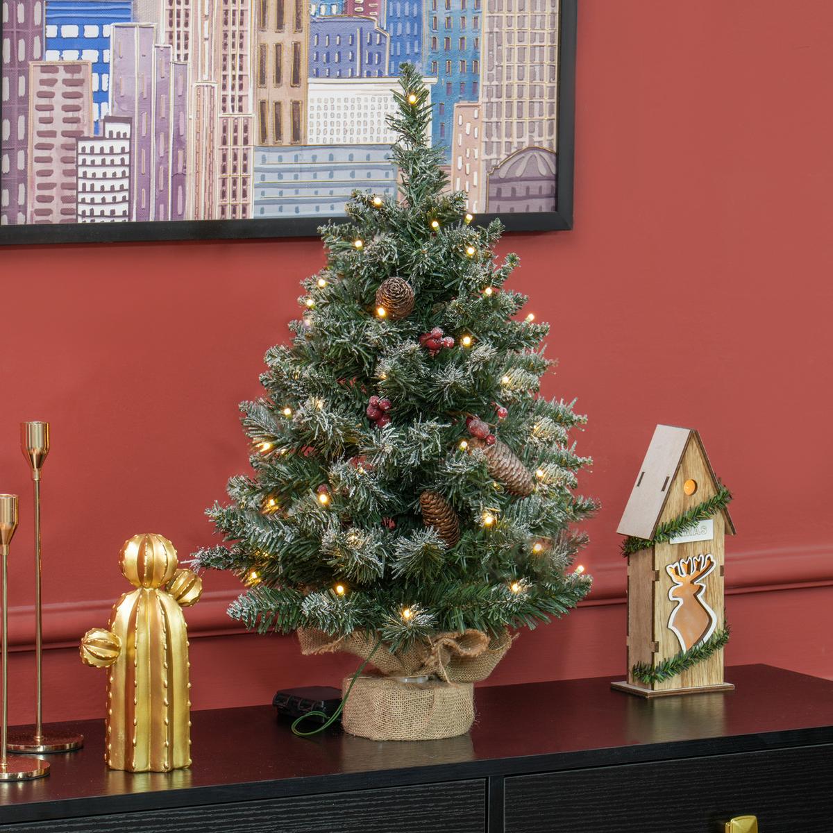 KÜNSTLICHER Weihnachtsbaum 0,6 m Christbaum 86 Astspitzen mit 50 warmweißen LED - Grün, Kunststoff (60cm) - HOMCOM
