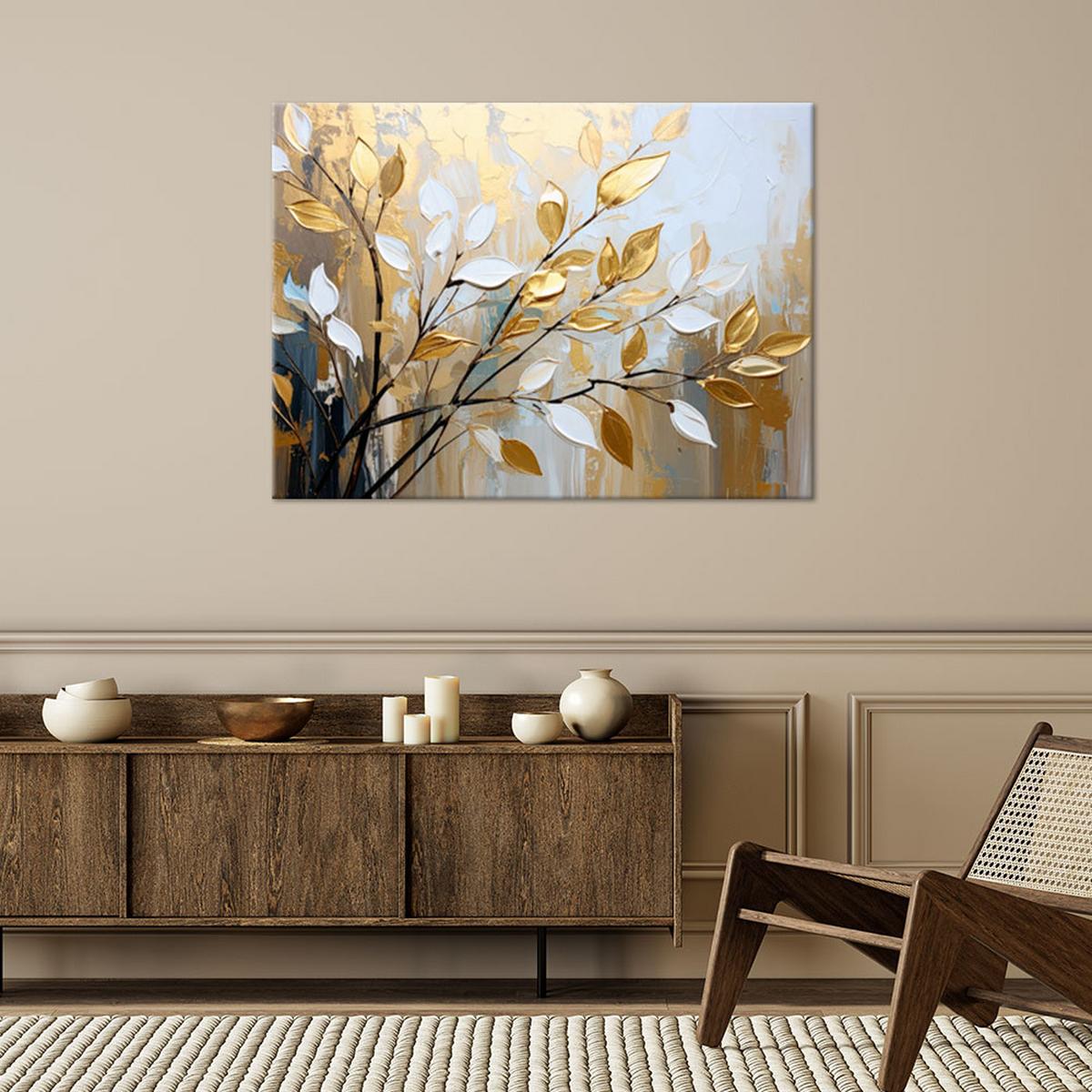 LEINWANDBILD Glamour Goldene Blätter Zweige 100x70cm - Beige, Textil (100/70cm) - Feeby