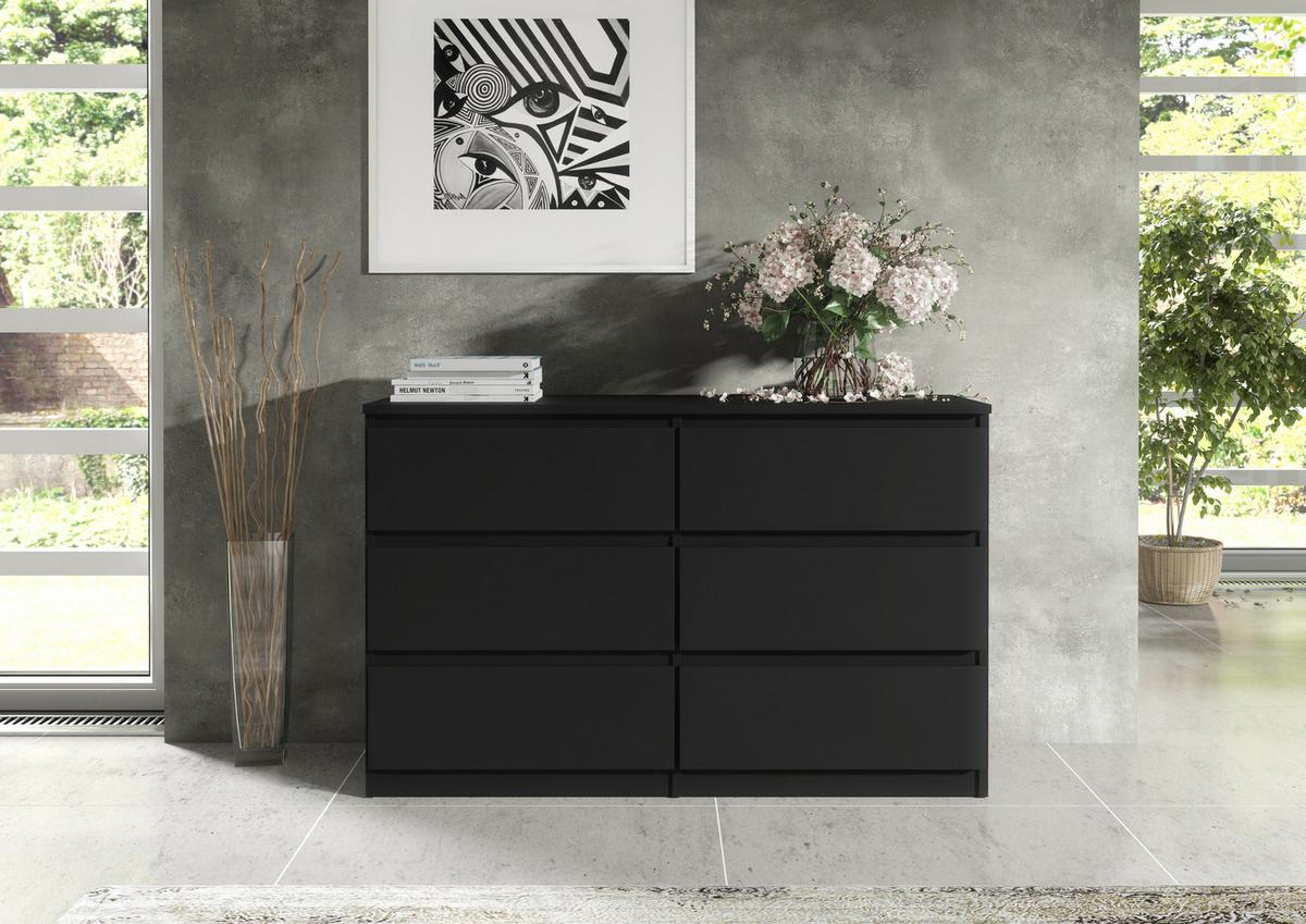KOMMODE NUDO 138,5/78,5/39cm mit 6 Schubladen Türen Schwarz - Schwarz, Holzwerkstoff (138.5/78.5/39cm) - MASSENO