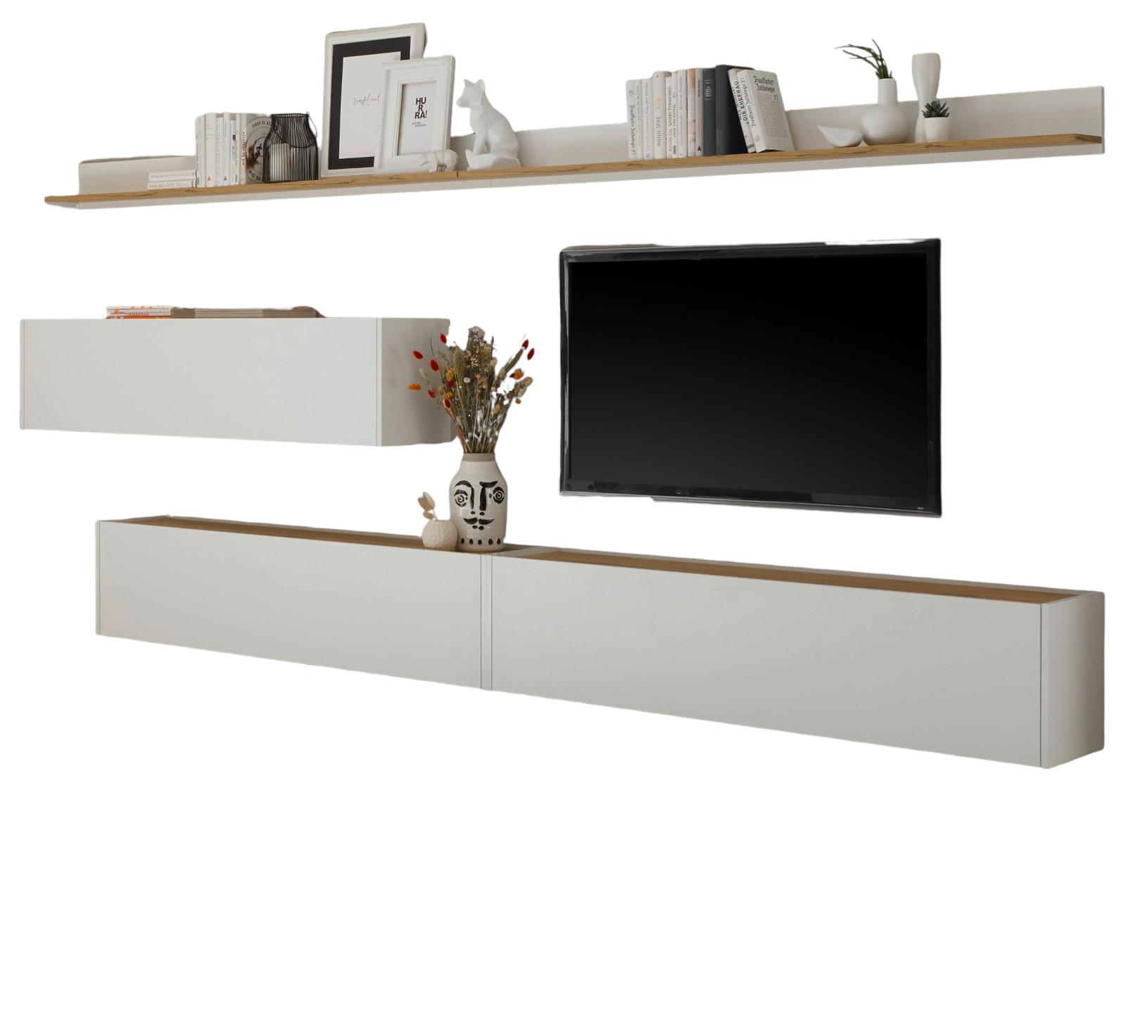 WOHNWAND 5-teilig weiß, Eiche Wotan 340 cm, Schrankwand mit mit XXL-Board - Eiche Wotan/Weiß, Holz/Holzwerkstoff (340/180/30cm) - Furn.Design