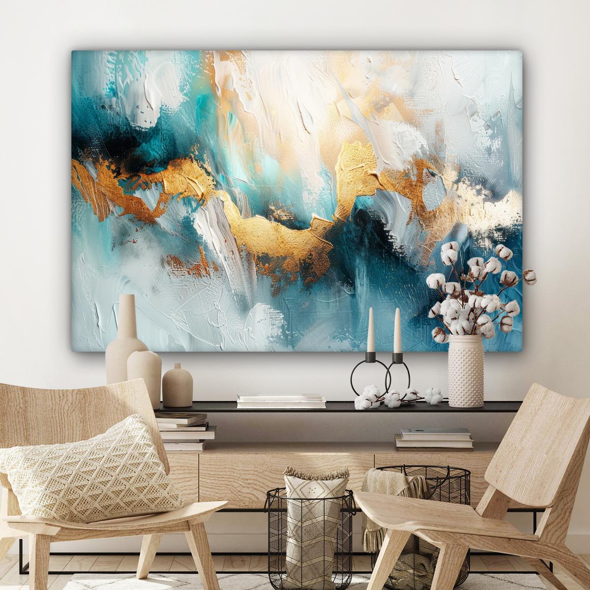 LEINWANDBILD Abstrakt - Kunst - Gold - Blau XXL 150x100 cm - Petrol, Textil (150/100cm) - MuchoWow