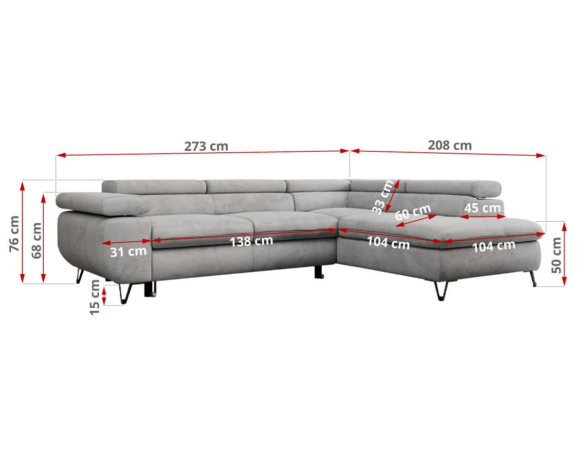 ECKSOFA PETER L Hellgrau Velvet - Rechts Seite - Hellgrau/Schwarz, Textil/Metall (273/208cm) - MKS