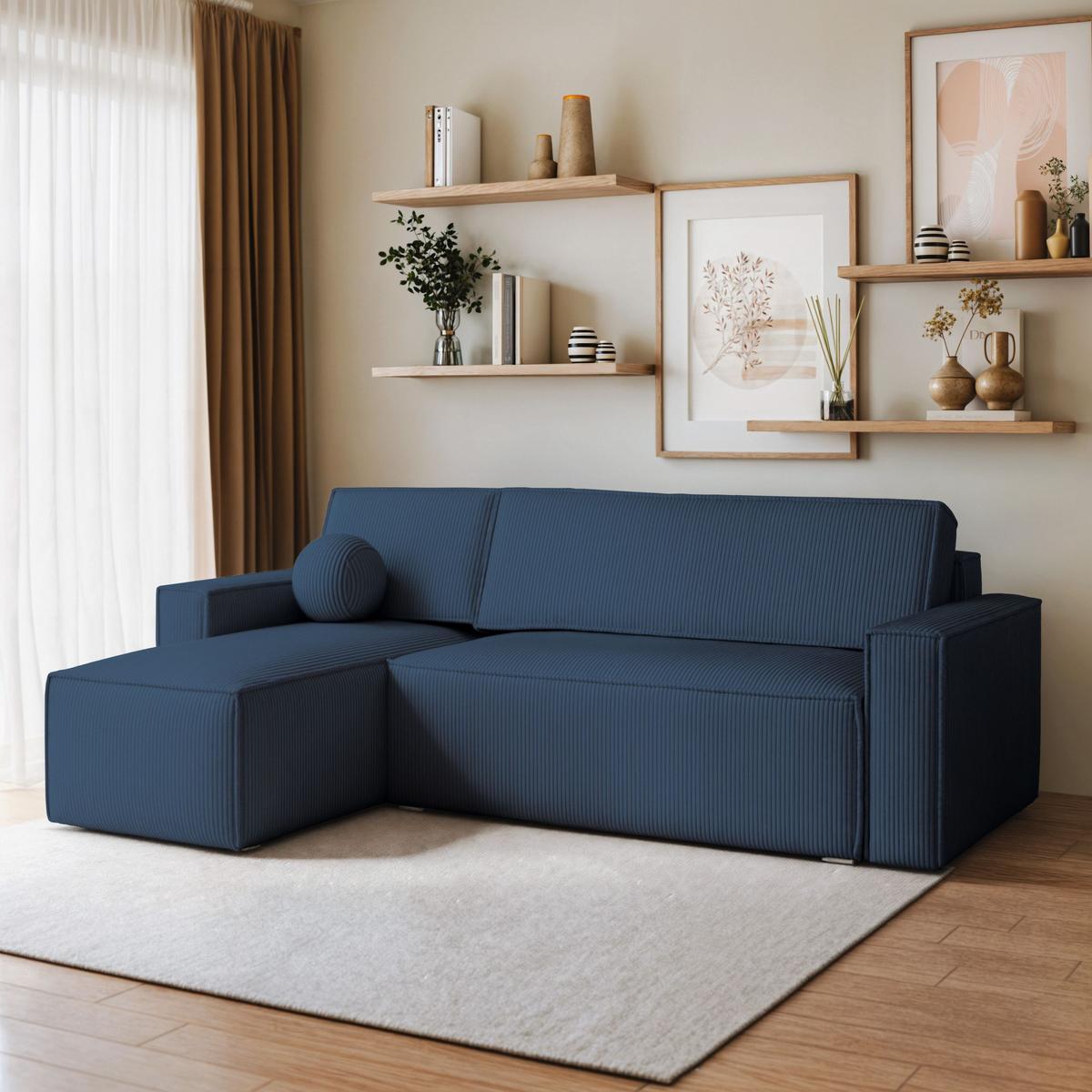ECKSOFA RAVELO P Blau Kordstoff mit Schlaffunktion - Blau/Grau, Holz/Kunststoff (240/140cm) - MASSENO