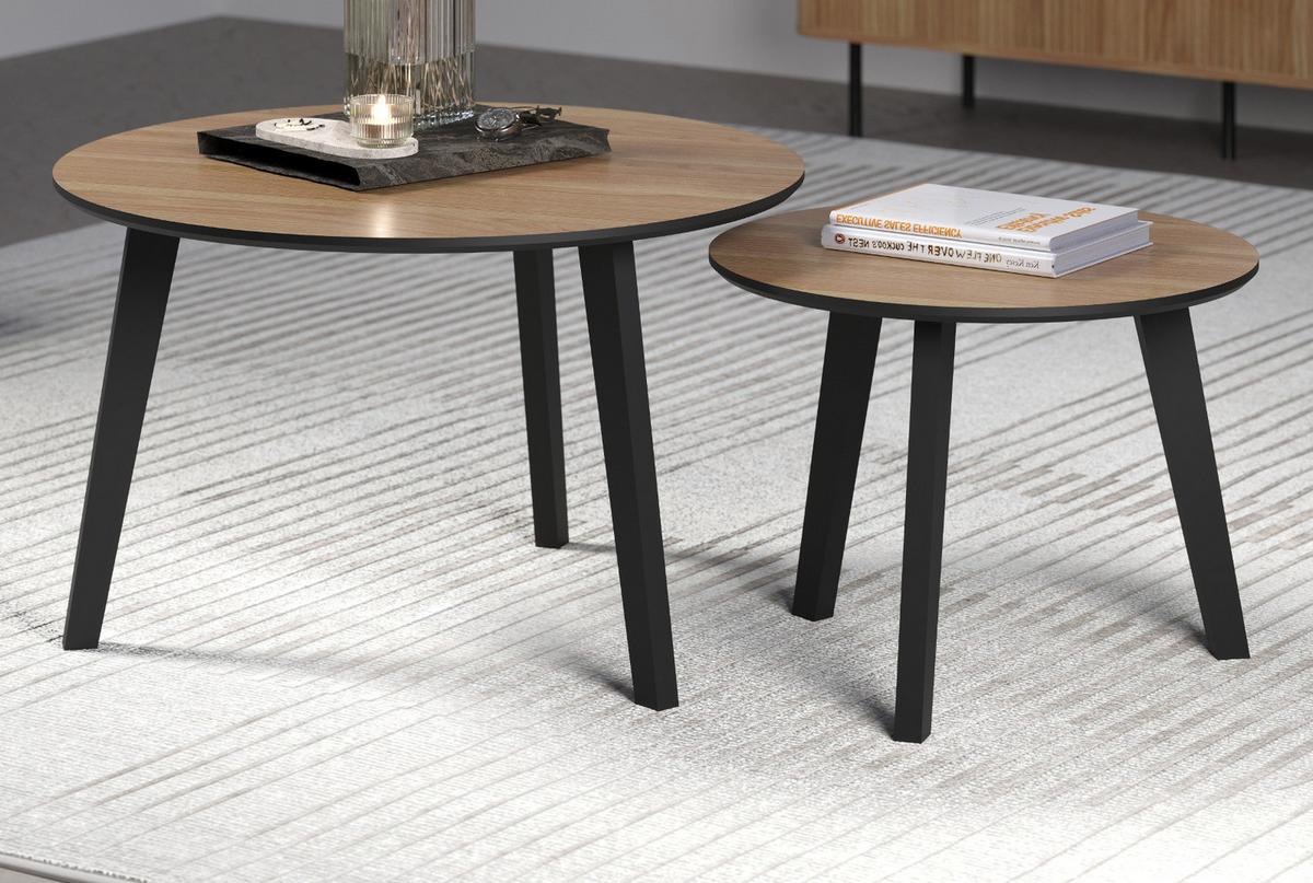 COUCHTISCH 2er Set Eiche, schwarz 2x Beistelltisch rund - Eichefarben/Schwarz, Holzwerkstoff (50/50/39cm) - Top.Furn