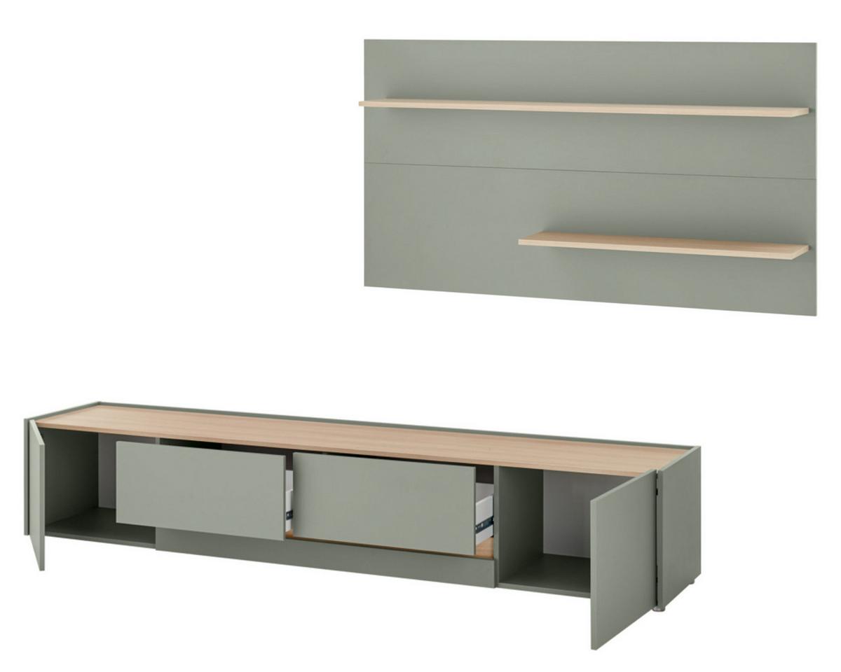 WOHNWAND in Salbei Grün mit Eiche, Wohnkombination 2-teilig mit XXL TV-Lowboard, Breite 300 cm - Salbeigrün/Eichefarben, Holz/Holzwerkstoff (300/190/45cm) - Furn.Design