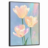LEINWAND Bilder mit Rahmen - Tulpen - Rosa Akzente - Blau - 70x100 - Pastellblau, Textil (70/100cm) - MuchoWow
