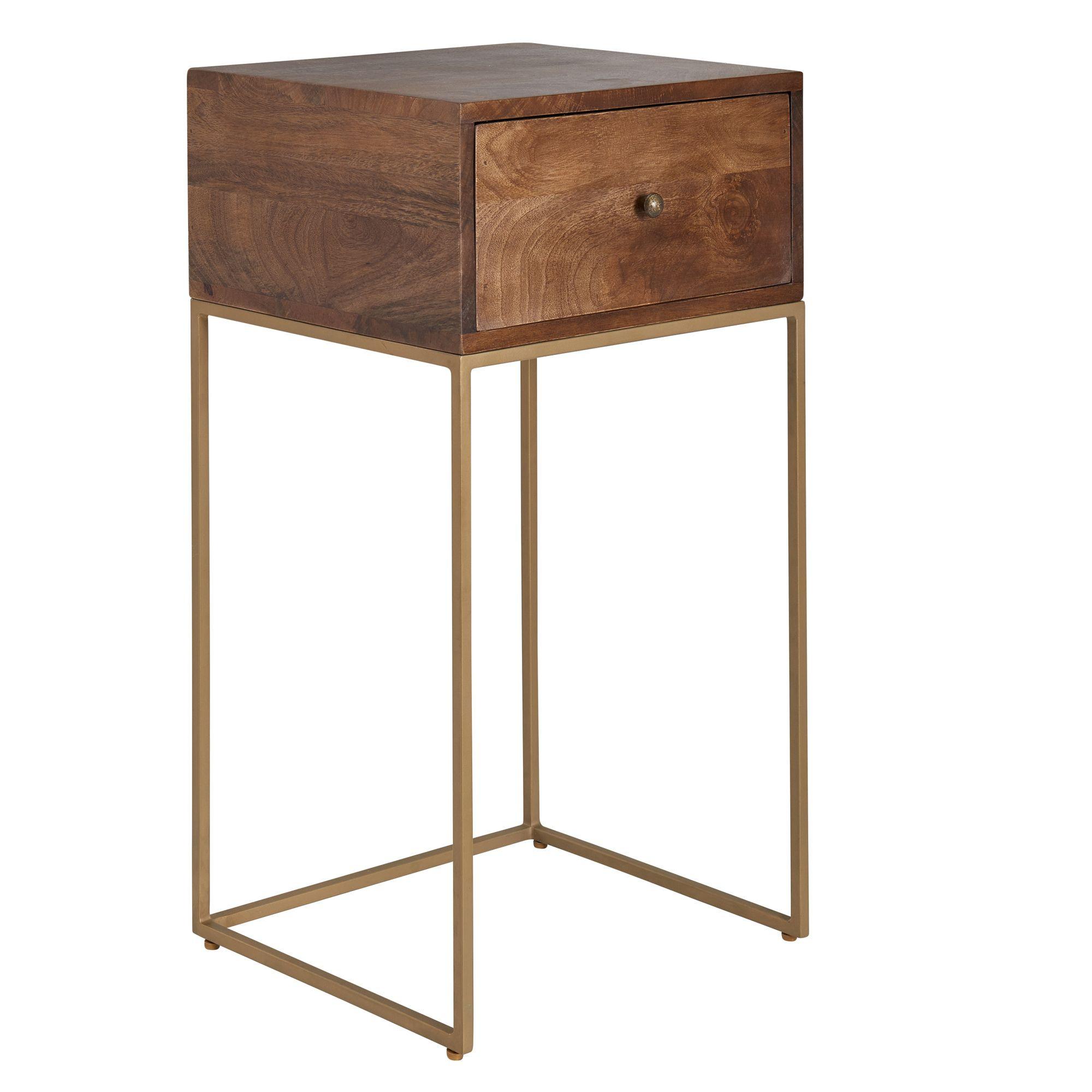 NACHTTISCH – Mango Massivholz/Metall, 1 Schublade, Industrial-Stil - Goldfarben/Braun, Holz/Metall (40/75/35cm) - KADIMA DESIGN