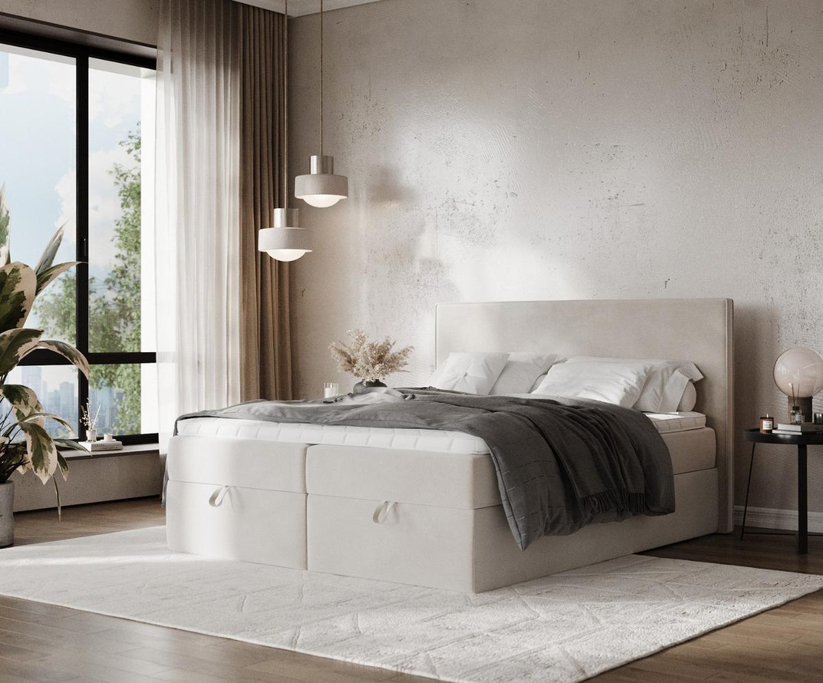 BOXBETT Velma 140/200 cm Hellbeige im Paros Stoff - Beige/Schwarz, Holz/Holzwerkstoff (140/200cm) - AltaBeds