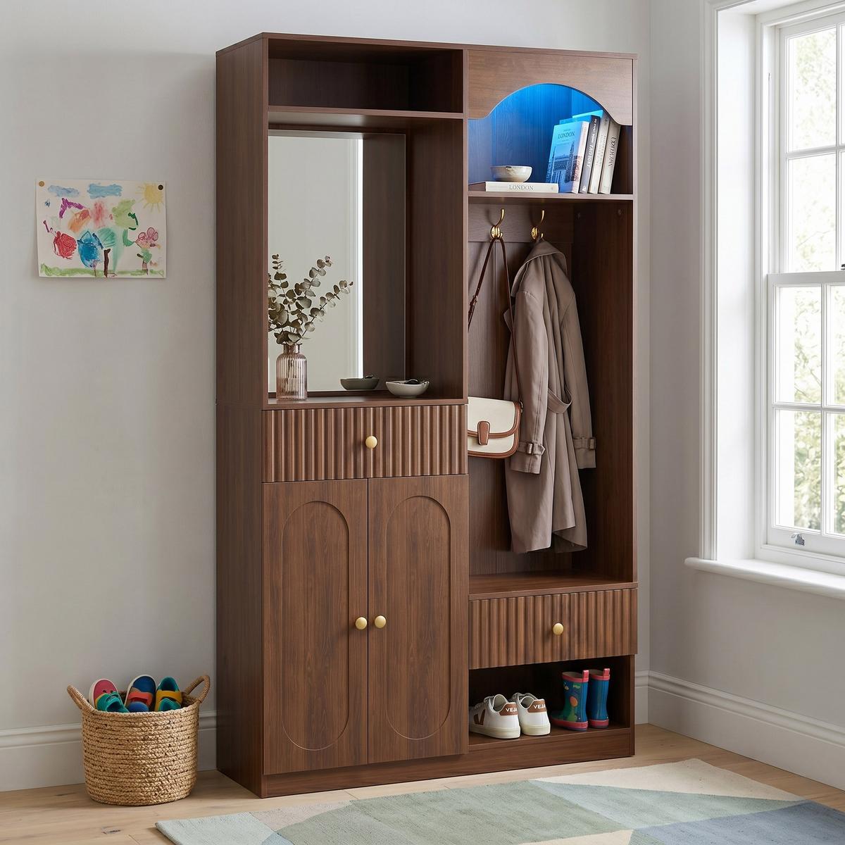 GARDEROBE 100cm Walnuss mit LED, Spiegel, Schuhschrank & Sitzbank - Walnussfarben, Holzwerkstoff (100/180/35cm) - Urban Meuble