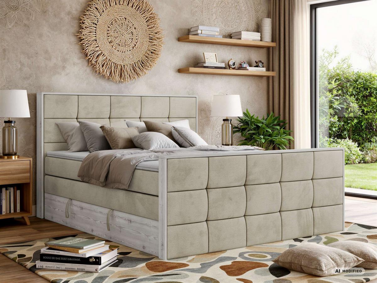 BOXSPRINGBETT ALNOR KING DUO 140/200 - Beige Velvet - Topper Visco - H3 - Beige/Schwarz, Kunststoff/Textil (140/200cm) - MKS