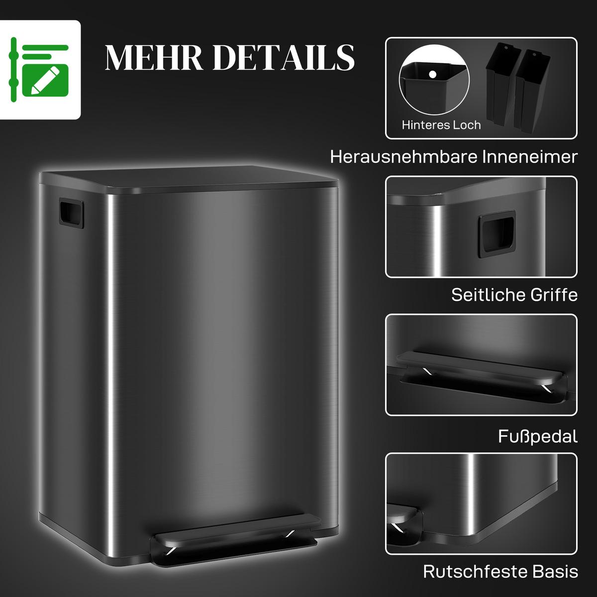 MÜLLEIMER 30l Edelstahl Kunststoff Schwarz - Schwarz, Metall (37.5/66.8/47.7cm) - HOMCOM