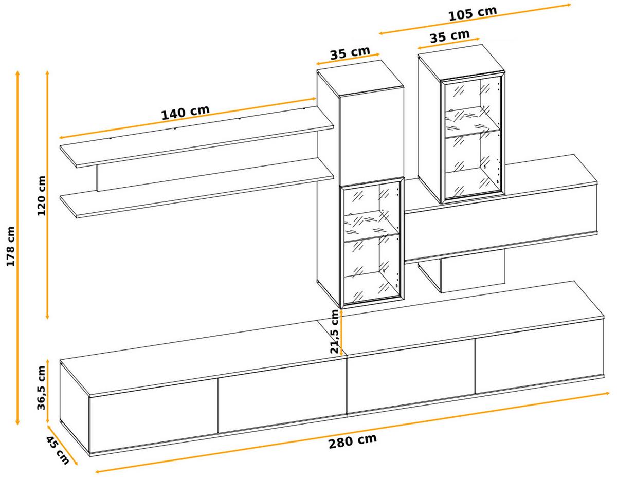 WOHNWAND Eiche, schwarz 280 cm, Schrankwand mit Push-to-Open inklusive Beleuchtung - Eichefarben/Schwarz, Glas/Holzwerkstoff (280/180/45cm) - Furn.Design