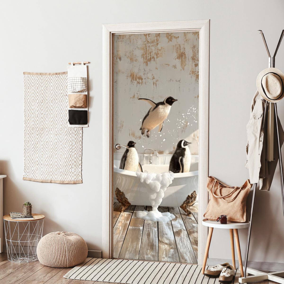 TÜRAUFKLEBER Vintage - Pinguin - Badewanne - Schaumstoff 80x215 cm - Türtapete - Hellbraun, Kunststoff (80/0.1cm) - MuchoWow