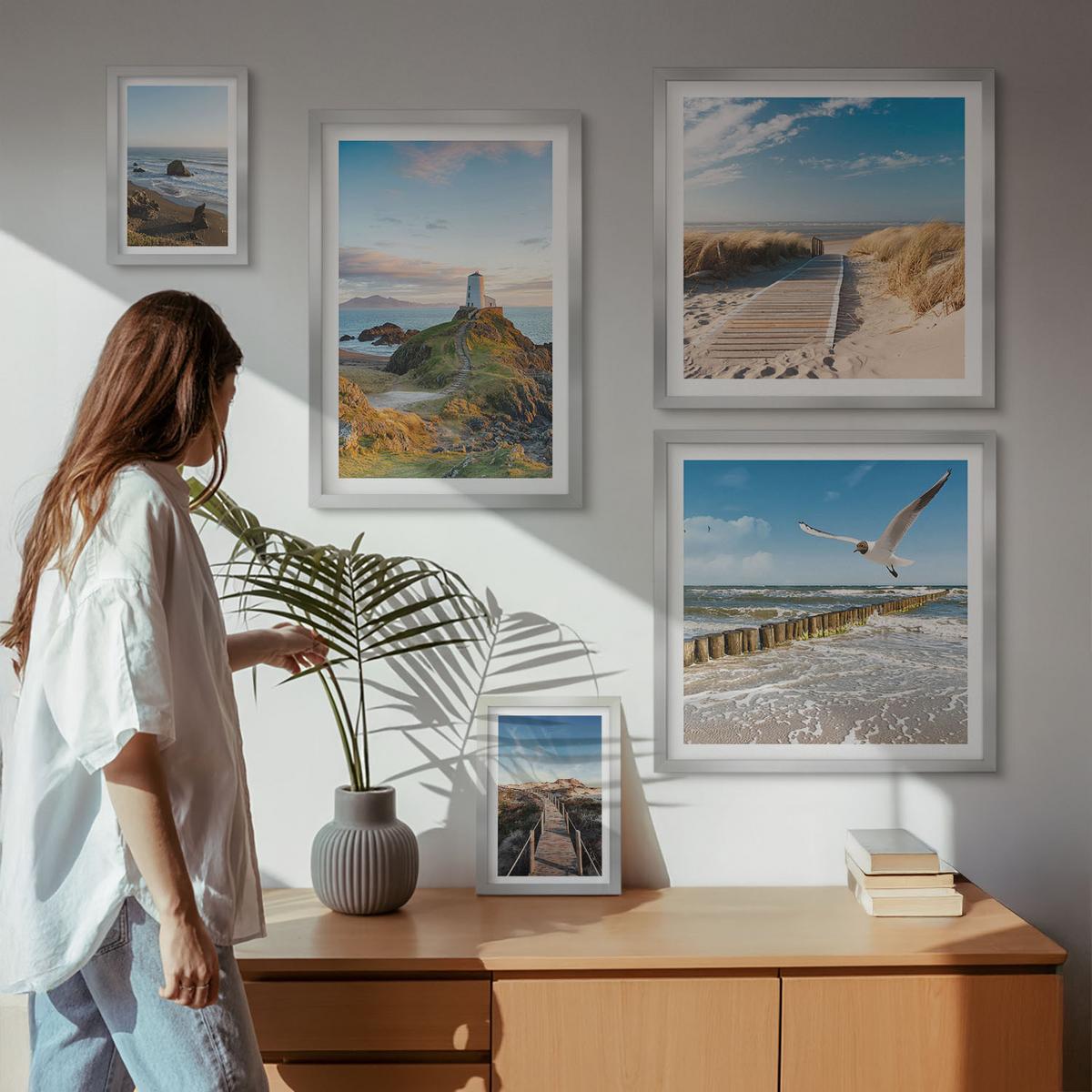 BILDER SET 5er Set - 50x50 cm & 20x30 cm & 40x60 cm Silberner Rahmen - Palmen am Meer, blaues Wasser - Silberfarben, Kunststoff (40/60cm) - TULUP