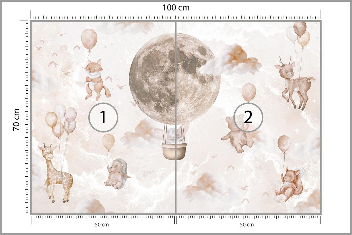 FOTOTAPETE für Kinderzimmer Mond Ballons Bär Rehkitz Giraffe Wolken 100x70 - Beige/Rosa, Papier (100/70cm) - Muralo