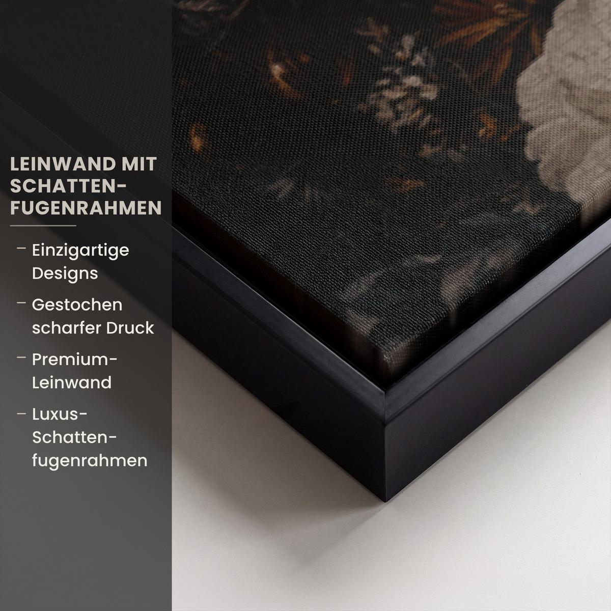 LEINWAND Bilder mit Rahmen - Frau - Luxus - Blumen - Schmetterling - Porträt - 120x80 - Schwarz, Textil (120/80cm) - MuchoWow