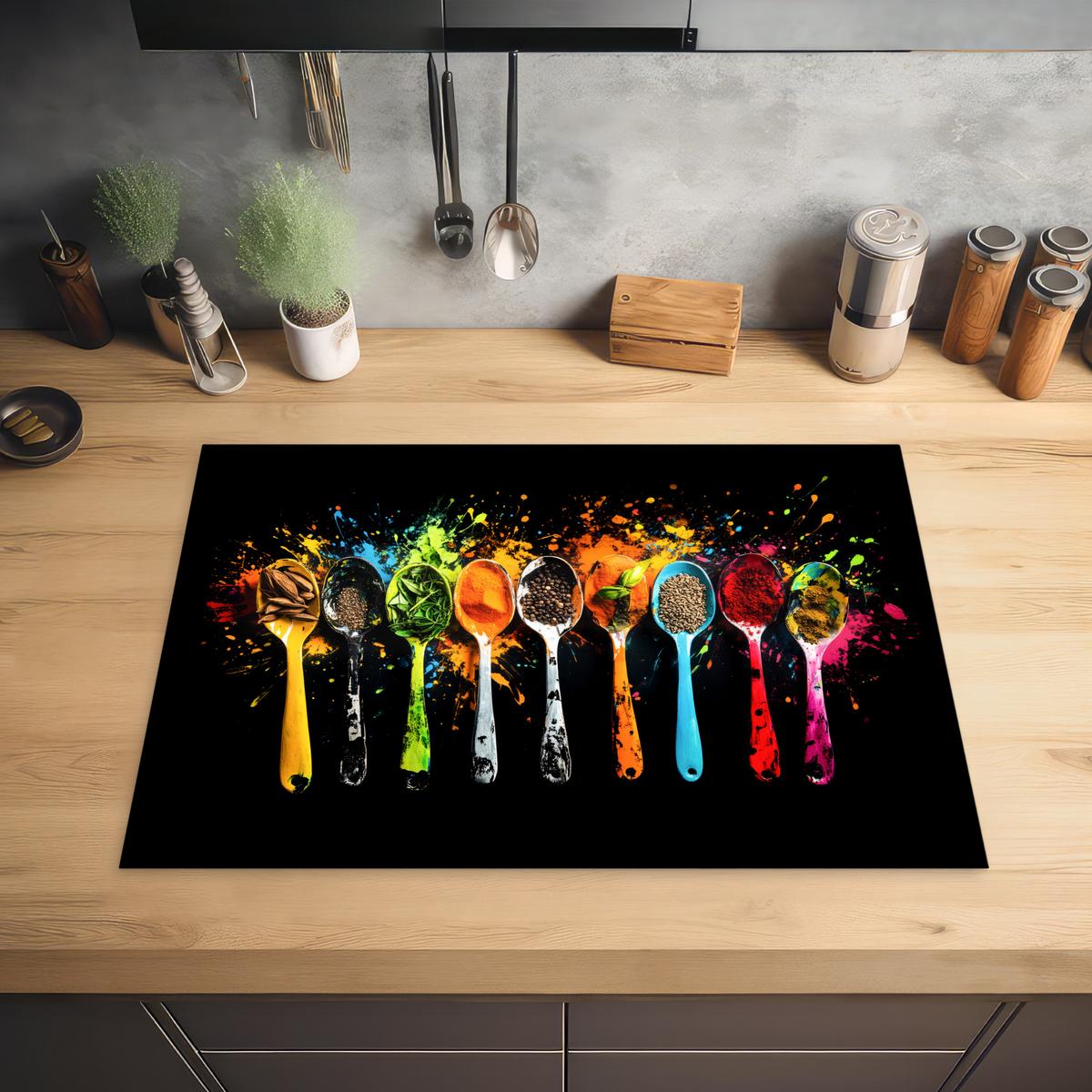HERDABDECKPLATTE Löffel - Gewürze - Modern - Graffiti - Farbe - Farbenfroh Herdabdeckung Induktionsfeld 75x52 cm - Multicolor, Kunststoff (75/52/0.2cm) - MuchoWow
