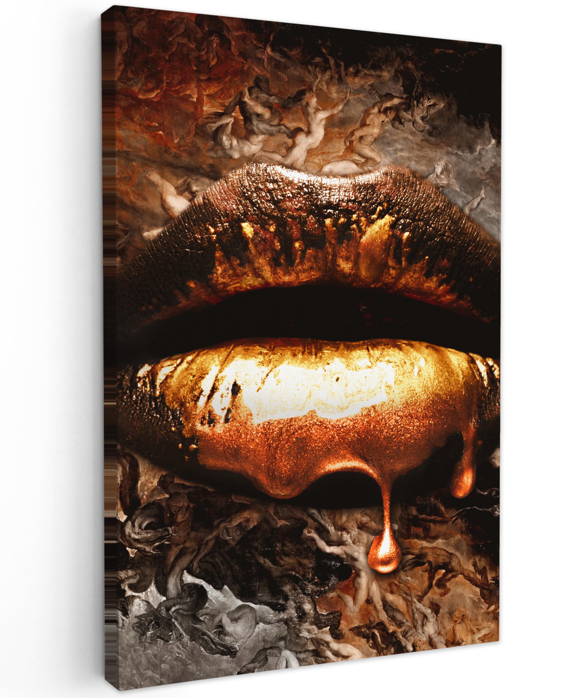 LEINWANDBILD Gold - Lippen - Kunst - Gold - Luxus - Abstrakt Deko Groß 90x140 cm - Kupferfarben, Textil (90/140cm) - MuchoWow