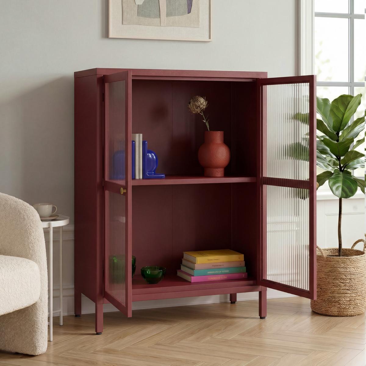 VITRINE Säkylä - Transparent/Bordeaux, Glas/Metall (64/84/35cm) - [en.casa]