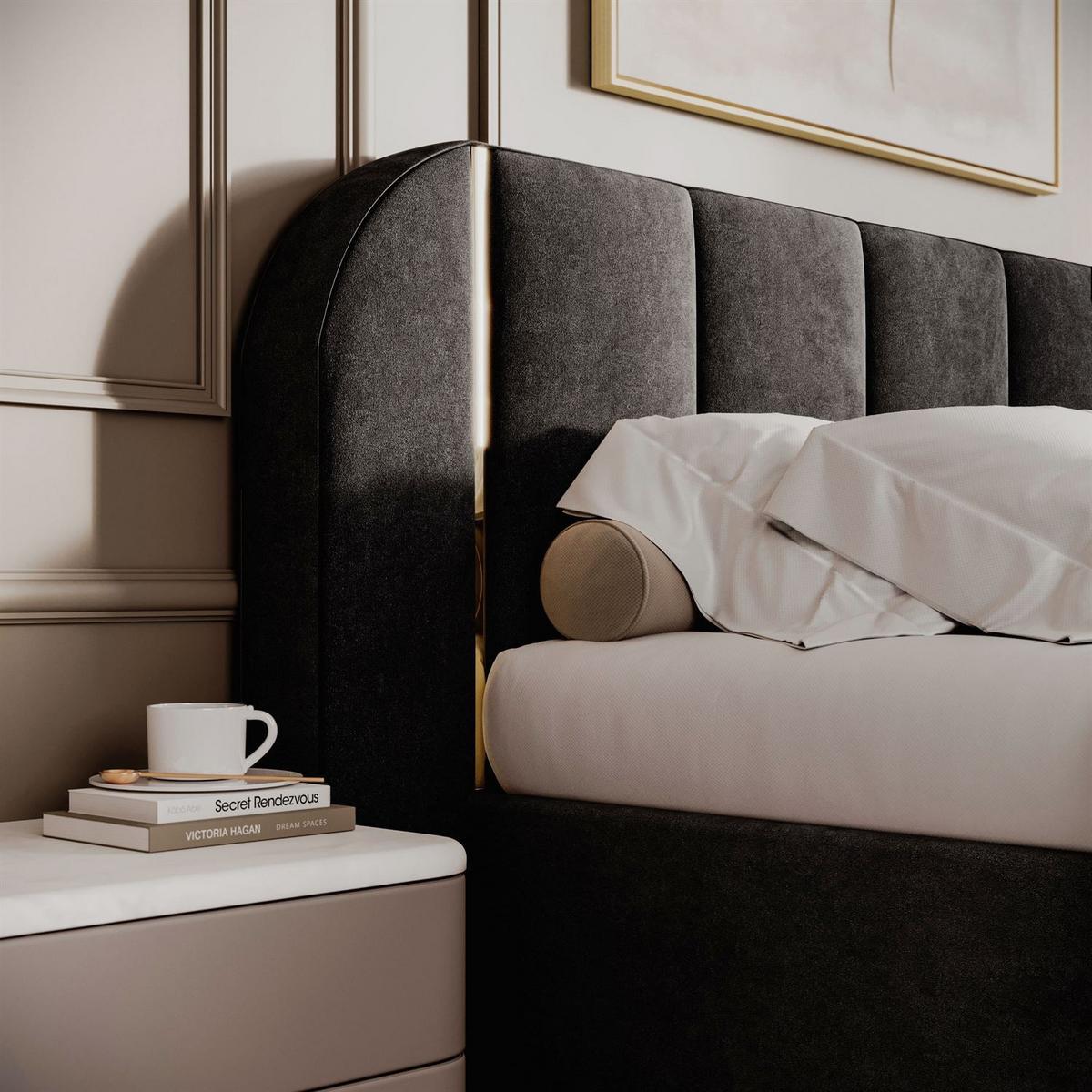 BETT AMARA GOLD 140x200 gepolstert mit Stauraum und Lattenrost, Royal Velvet 254 - Schwarz, Textil (140/200cm) - Lookway