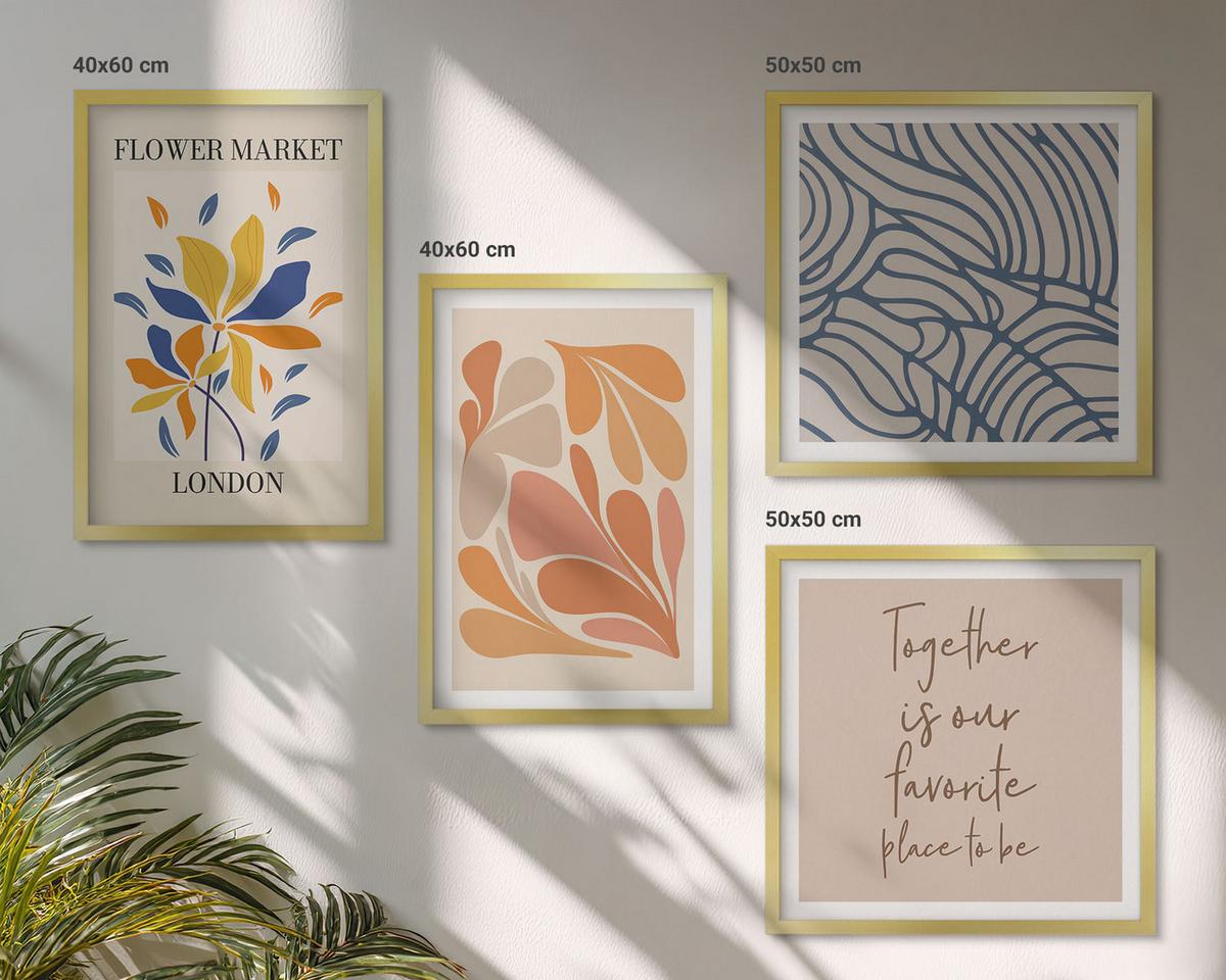 BILDER SET 4er Set - 50x50 cm & 40x60 cm Goldrahmen - Moderne abstrakte Blumen - Goldfarben, Kunststoff (50/50cm) - TULUP