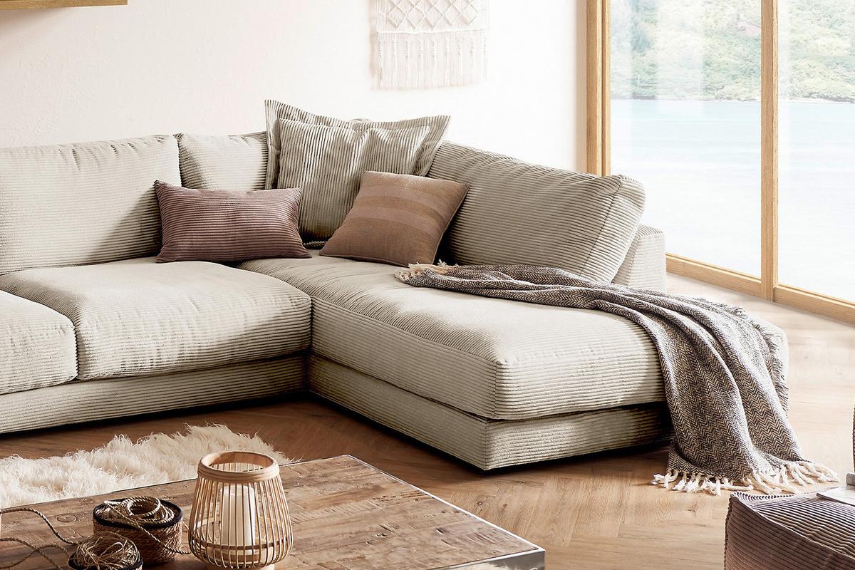WOHNLANDSCHAFT MADELINE Cremeweiß Cord - Creme/Schwarz, Kunststoff/Textil (425/86/224cm) - KAWOLA