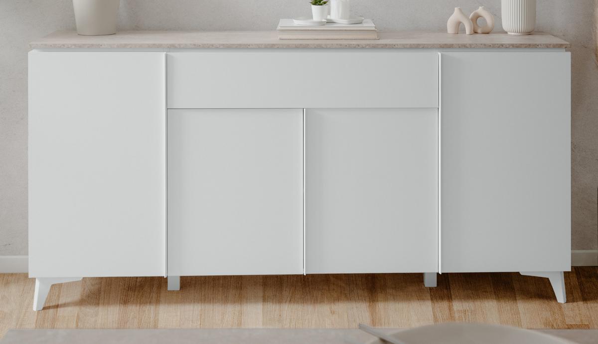 SIDEBOARD weiß, Sandstein 177 x 92 cm, Kommode 4-türig - Weiß, Holzwerkstoff/Kunststoff (177/92/40cm) - Furn.Design