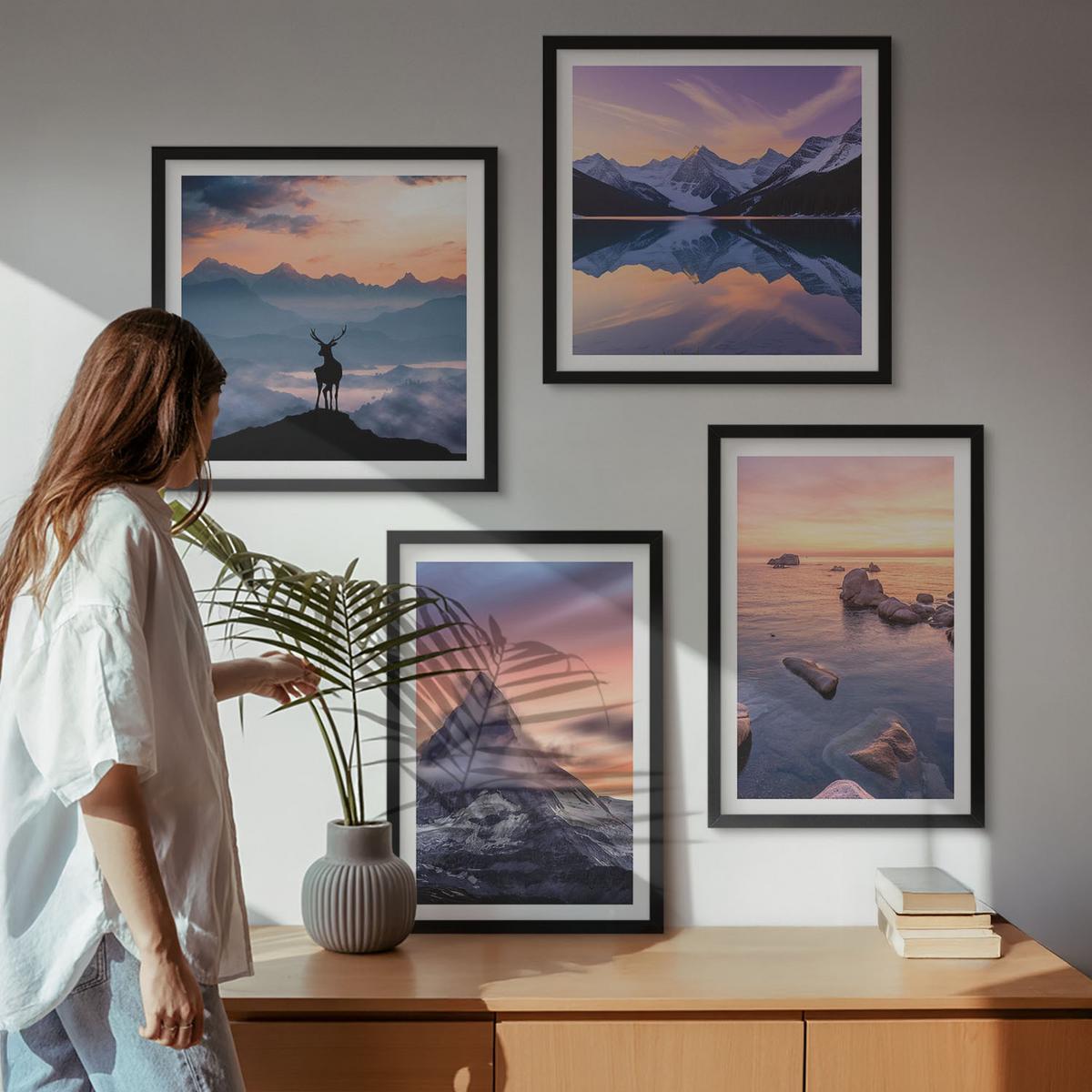 BILDER SET 4er Set - 50x50 cm & 40x60 cm Schwarzer Rahmen - Landschaften Berge Seen jelen - Schwarz, Kunststoff (50/50cm) - TULUP