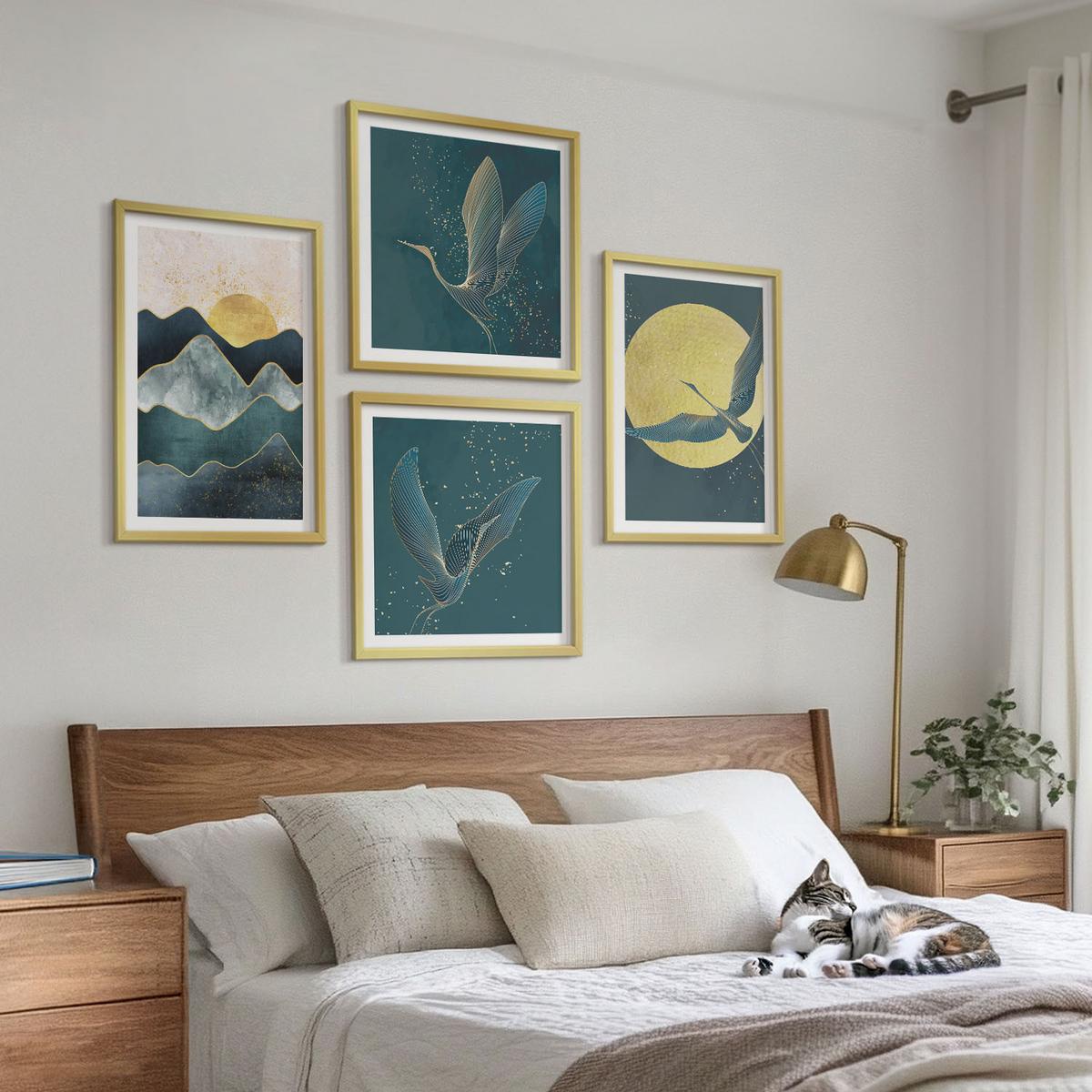 BILDER SET 4er Set - 50x50 cm & 40x60 cm Goldrahmen - Vögel, Kraniche, Mond, Berge - Goldfarben, Kunststoff (50/50cm) - TULUP