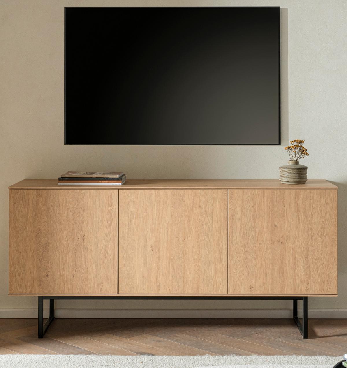 TV-LOWBOARD Stone Eiche 150 x 70 cm, Fernsehtisch mit Push-to-Open und Komforthöhe - Eichefarben/Schwarz, Holzwerkstoff/Metall (150/70/40cm) - Furn.Design