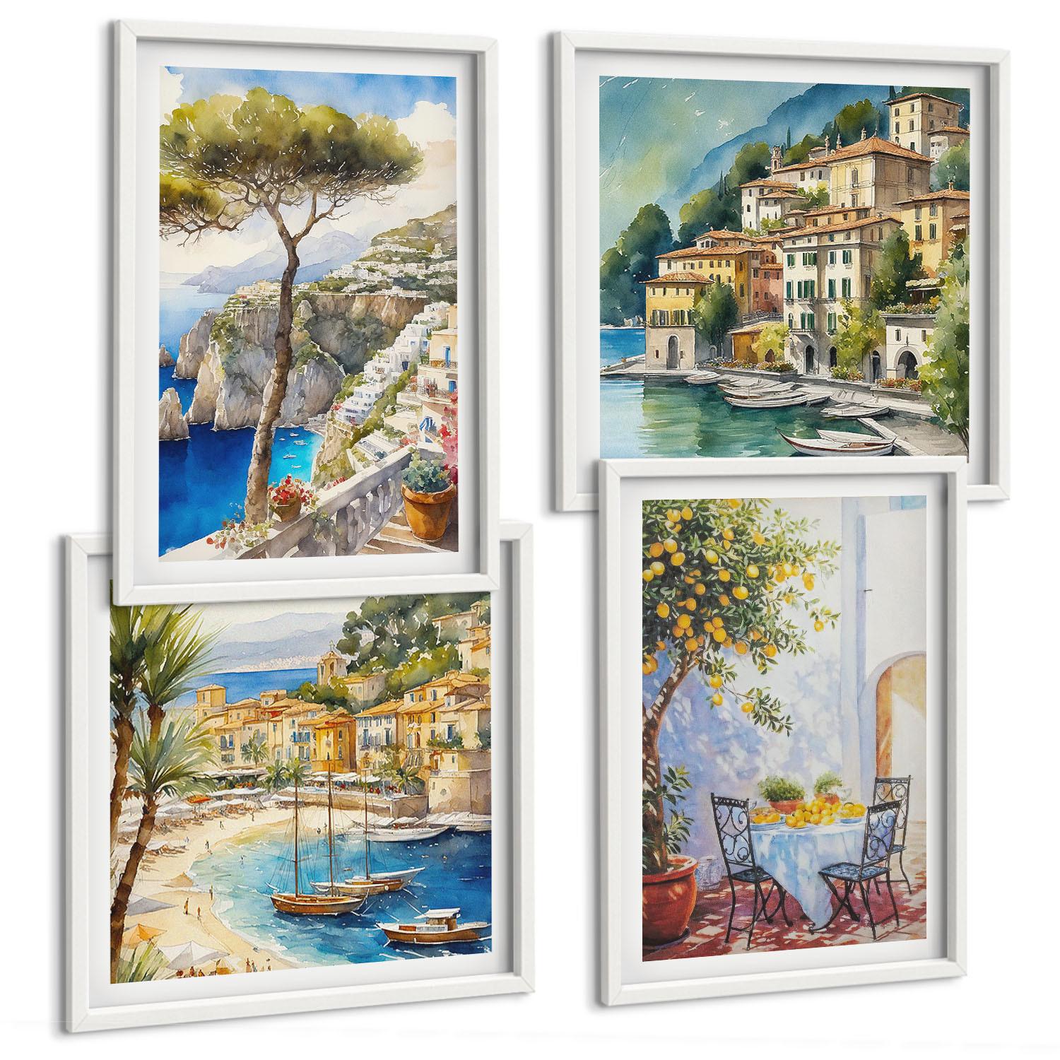 BILDER SET 4er Set - 50x50 cm & 40x60 cm Weißer Rahmen - Italienische Städte (Aquarell) - Weiß, Kunststoff (50/50cm) - TULUP