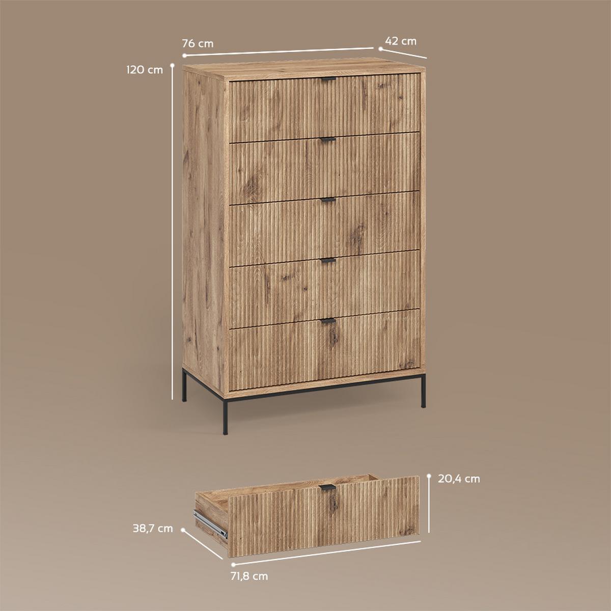 KOMMODE Aterno Viking Oak 76 x 120 cm mit 5 Schubladen - Eichefarben, Holzwerkstoff (76/120/42cm) - Livinity®
