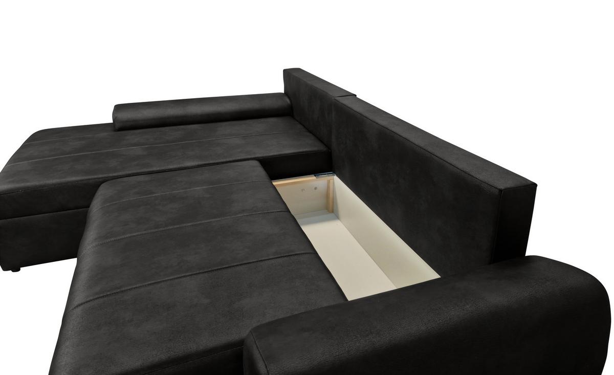 ECKSOFA mit Schlaffunktion, Bettkasten, Wellenunterfederung, Ottomane links B266/T186/H90 cm, Mikrofaser Leder-Optik Vintage Schwarz / 18016 - Schwarz, Kunststoff/Textil (266/186cm) - luma-home