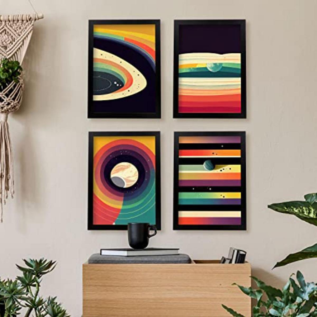 POSTER Set mit 4 Kreisförmig Abstrakt Moderne Galaxien A3 Rahmen aus hellem Holz - Beige, Papier (29.7/3cm) - Nacnic
