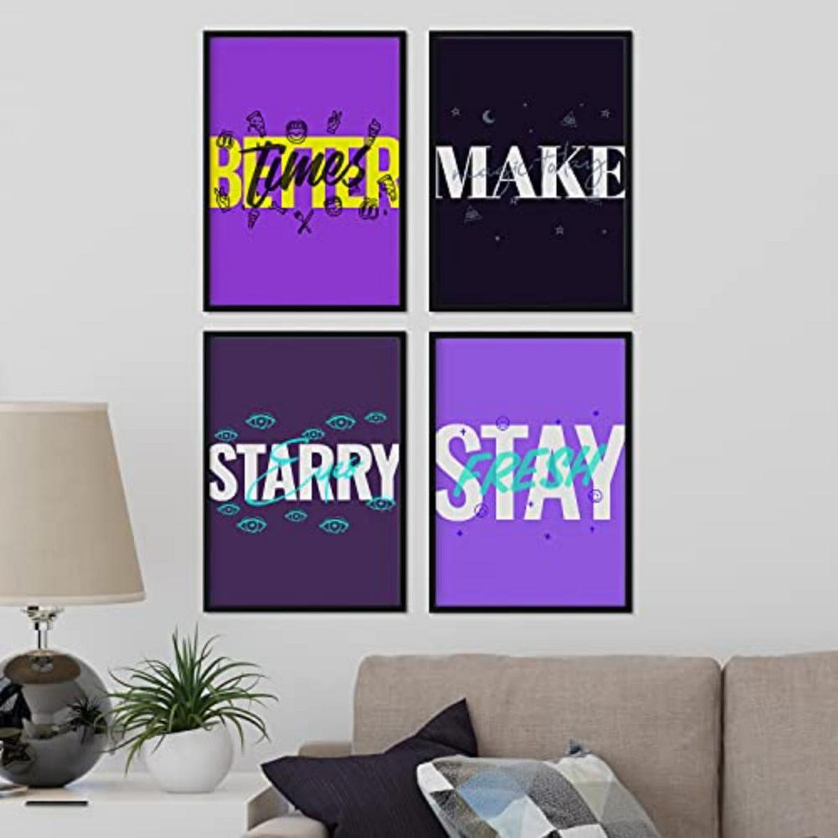 POSTER Set mit 4 lila Etikettendesign und Motivationsnachrichten A3 Schwarzer Rahmen - Schwarz, Papier (29.7/3cm) - Nacnic
