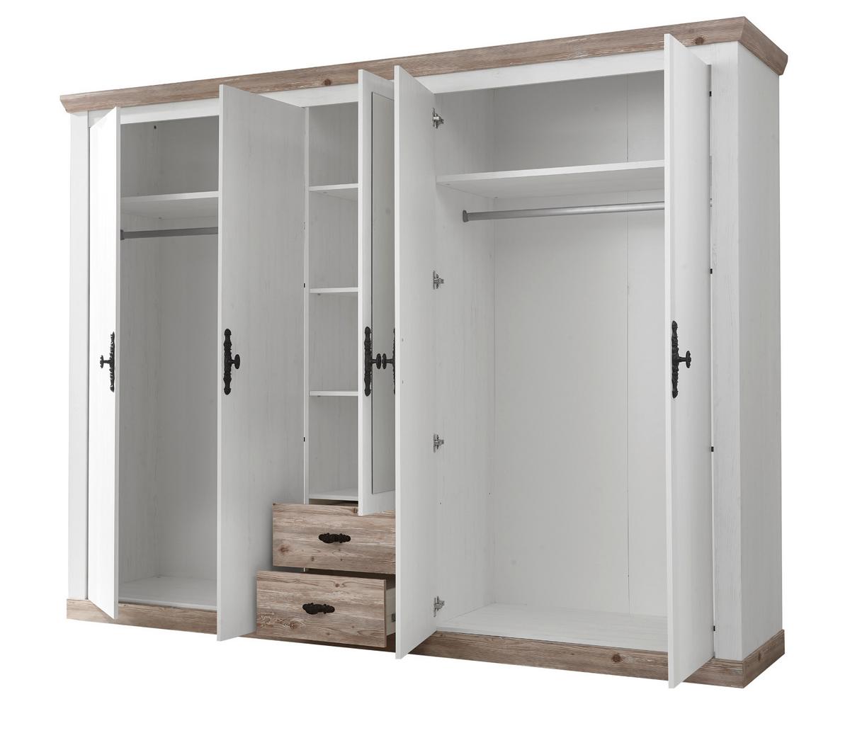 KLEIDERSCHRANK Pinie weiß, Oslo Pinie Landhaus, Drehtürenschrank 5-türig mit Spiegel, 265 x 201 cm - Anthrazit/Weiß, Holzwerkstoff/Metall (265/201/60cm) - Furn.Design