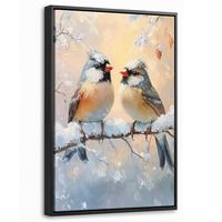 LEINWAND Bilder mit Rahmen - Vögel - Zweig - Winter - Schnee - 40x60 - Pastellblau, Textil (40/60cm) - MuchoWow