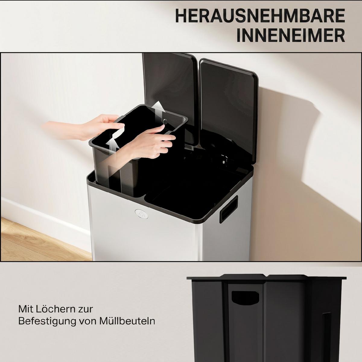 MÜLLEIMER Edelstahl Kunststoff Silber - Silberfarben, Metall (36/67.6/45.8cm) - HOMCOM
