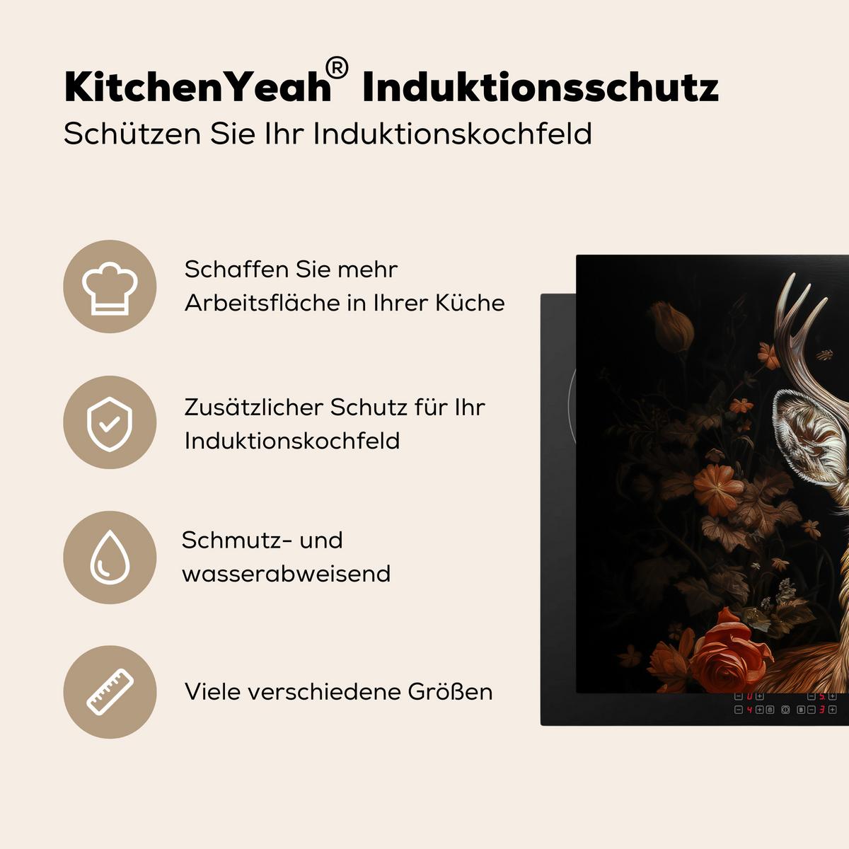 HERDABDECKPLATTE Hirsch - Tier - Blumen - Natur - Botanisch Ceranfeldabdeckung 76x51.5 cm - Kupferfarben, Kunststoff (76/51.5/0.2cm) - MuchoWow