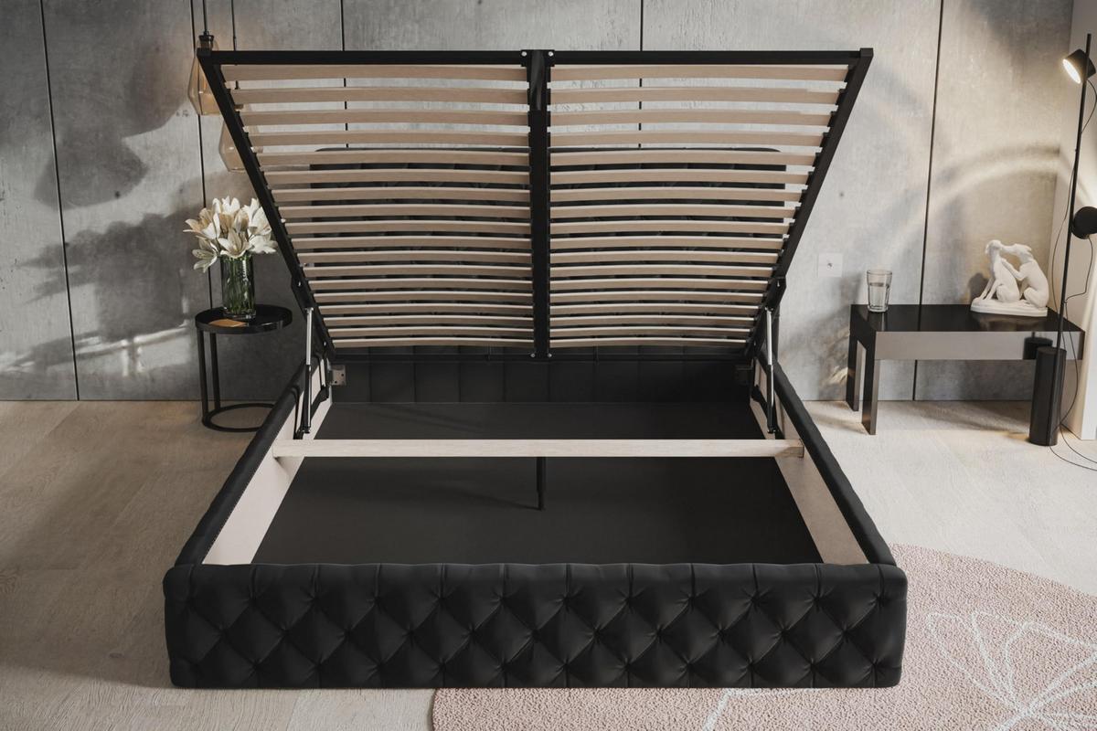 BETT 180x200 - Polsterbett mit Bettkasten und Metallrahmen - Elegant Betten - Weicher Jasminstoff - Kollektion Miami, Schwarz - Schwarz, Holz/Textil (180/200cm) - Alpi-Möbel