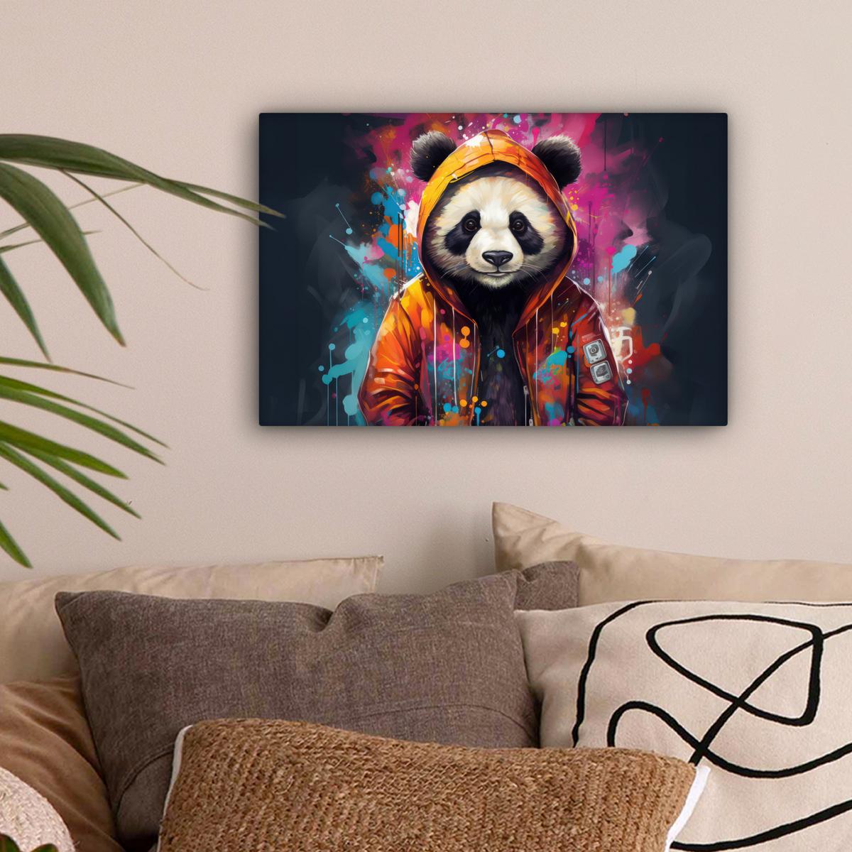 LEINWANDBILD Panda - Jacke - Graffiti - Orange Deko Schlafzimmer 30x20 cm - Orange, Textil (30/20cm) - MuchoWow